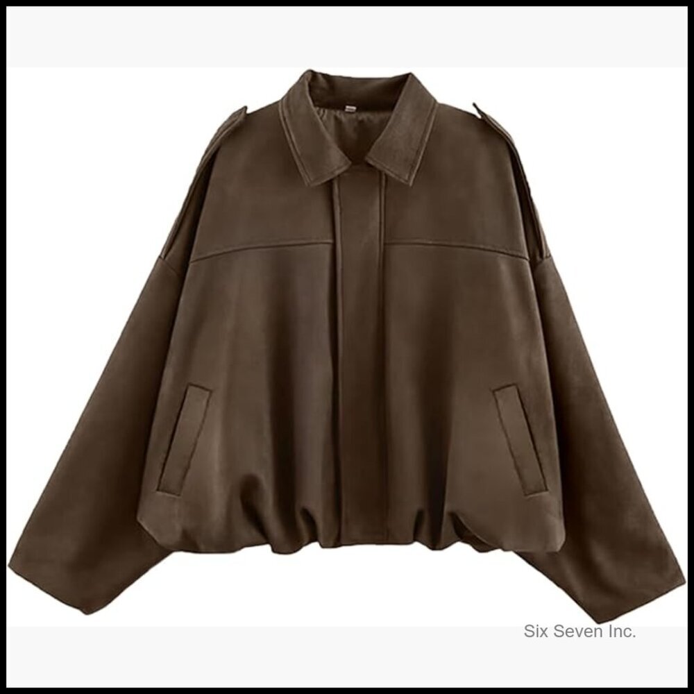 Faux Suede Bomber Jacket Oversized Cropped Pilot Coat - Picture 1 of 7